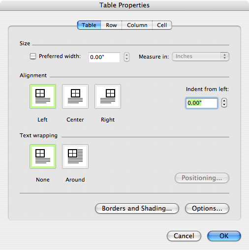 Table properties